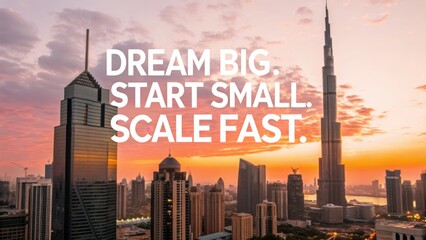 Inspirational city skyline view with motivational quotes during sunset over modern architecture and urban landscape