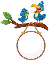 Two Blue Cartoon Birds on Branch with Blank Sign
