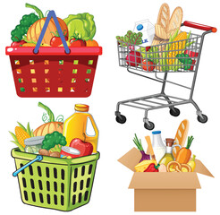 Grocery Baskets, Shopping Cart, and Food Delivery Box