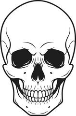 A monochrome pixel art illustration of a human skull, viewed from the front.