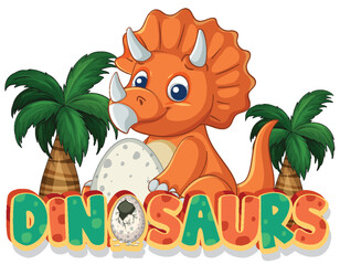Cute Triceratops with Egg and Palm Trees