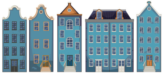 Row of Blue Dutch-Style Townhouses Vector Illustration