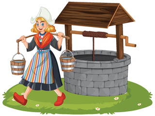 Dutch Girl Carrying Water Buckets by Stone Well