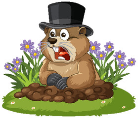 Surprised Groundhog in Top Hat Emerging from Burrow