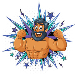 Cartoon Muscular Man Flexing with Comic Burst Background