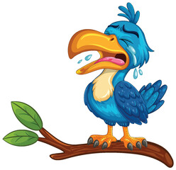Crying Blue Cartoon Bird on Tree Branch