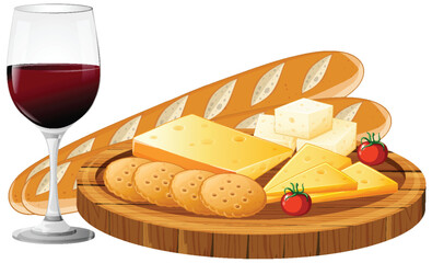 Wine, Cheese, Bread, and Crackers on Wooden Platter
