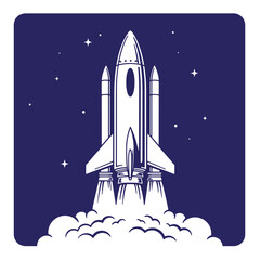 Obraz premium Vector illustration of a rocket launching into space with stars and clouds