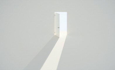 Fototapeta premium A minimalist scene features a slightly ajar white door casting a long, bright beam of light across a pristine white floor.