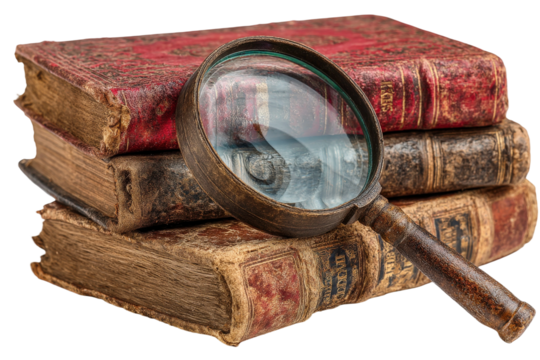 Antique Books with a Magnifying Glass on a Wooden Table Reflecting Tradition, Knowledge, and Exploration of Literature and History in a Cozy Setting