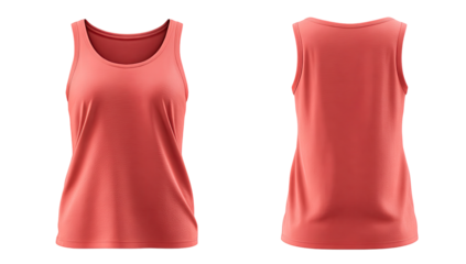 Front and back view of a coral-colored tank top.  Flat lay,  apparel mockup.  Simple design,  no embellishments