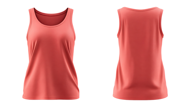 Front and back view of a coral-colored tank top.  Flat lay,  apparel mockup.  Simple design,  no embellishments