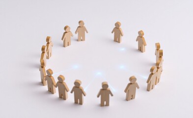Wooden figures form a circle, illustrating teamwork, community, and digital connections among people. Blue lines highlight networking.