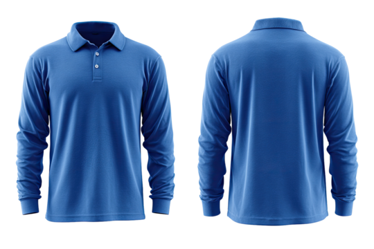 Full shot of a royal blue long-sleeve polo shirt, front and back views
