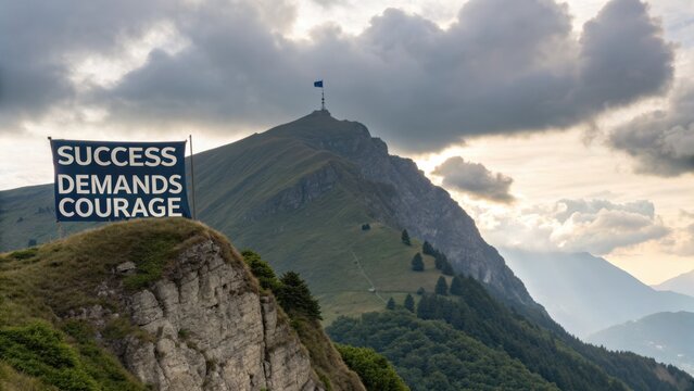 Inspiring Mountain View with Success Demands Courage Banner at the Summit of a Majestic Peak Under Dramatic Clouds
