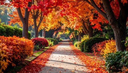 Autumn path vibrant red/orange leaves line a pathway with sunlight filtering through the trees