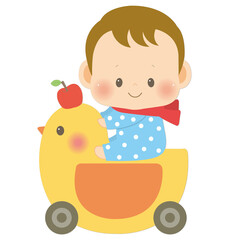 ひよこの乗り物にりんごを持って乗る笑顔の赤ちゃん