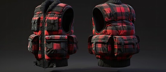 Red and black plaid sleeveless puffer vest with multiple pockets, shown in two views against a dark gray background