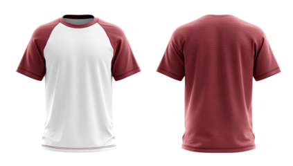 Front and back view of a men's short-sleeved t-shirt, white with maroon/burgundy raglan sleeves