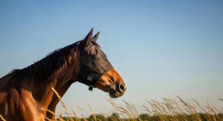 Chestnut horse wearing a protective fly mask in sunny field. Equine insect repellent and pest control concept. Safeguarding animals from parasites.