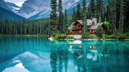 Obraz premium Cozy Wooden Cabin by Calm Mountain Lake Surrounded by Forest and Snow-capped Peaks