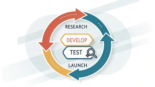Circular Process Illustration Depicting Research, Development, Testing, and Launch Phases in Project Management