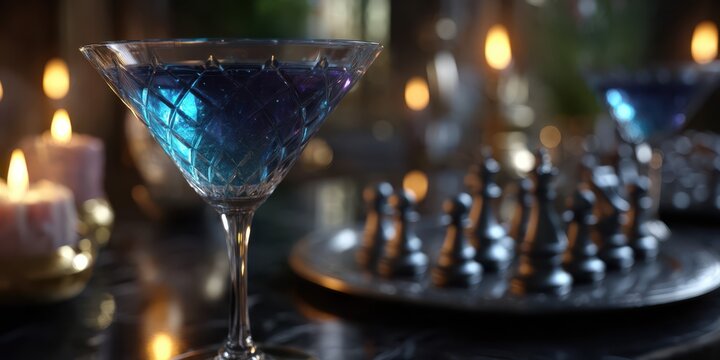 Evening gathering features a blue cocktail next to a chess set with candles illuminating the background