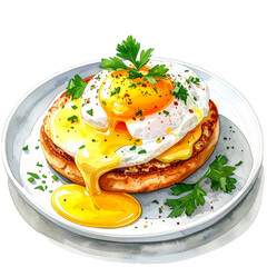 Golden Egg Benedict Delight Isolated On White Background: A tantalizing watercolor depiction of Eggs Benedict on a plate, showcasing a perfectly poached egg with a runny yolk.