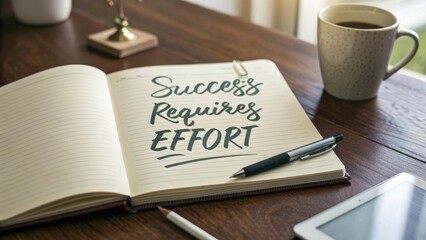 Motivational Message in Notebook Emphasizing Importance of Effort for Achieving Success on a Wooden Table with Coffee