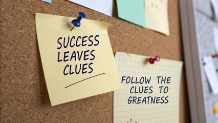 Motivational Notes on a Corkboard Highlighting Success, Clues, and the Journey to Greatness in a Creative Workspace Setting