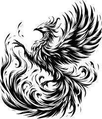 Fototapeta premium Minimalist black and white vector icon of a phoenix with clean lines. Modern, simple, scalable design for stickers, logos, or digital use.