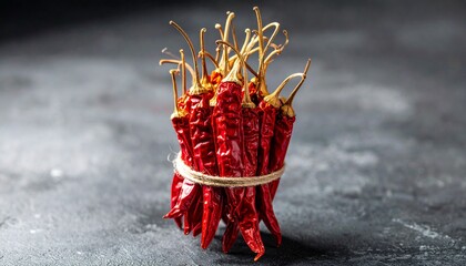 A bunch of dried red chilies. A professional commercial photograph with a dramatic, authentic feel, sharp focus, and ample copy space. Ideal for spicy food promotions or product design.