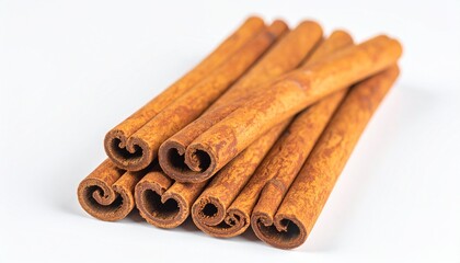 A perfect studio shot of several cinnamon sticks. High-quality commercial image with professional lighting, sharp focus, and a clean, minimalist copy space. Ideal for food and beverage marketing.