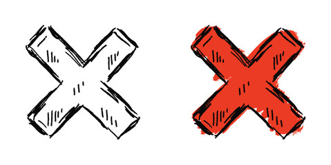 Grunge sketch hand-drawn cross mark vector. Ideal for adding a raw, textured feel to error and cancellation themes. Features a distressed and edgy aesthetic.