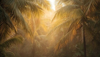 A tropical palm tree silhouette on a paradise island beach against a vibrant summer sunset sky over the ocean