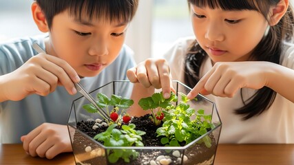 Kids Growing Strawberries Indoors in Terrarium, STEM Education