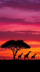 African Sunset Silhouette: Giraffes and Acacia Tree on Vibrant Pink and Orange Sky