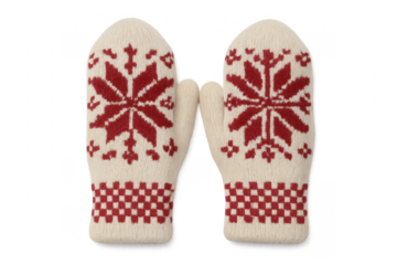 Pair of Knitted Mittens with Red Snowflake Pattern on Transparent Background