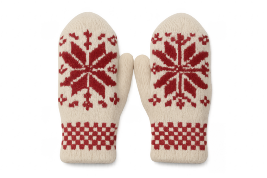 Pair of Knitted Mittens with Red Snowflake Pattern on Transparent Background