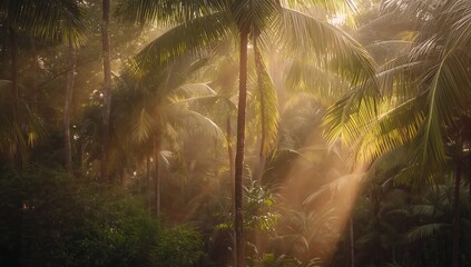 Sunset sunlight streaming through a misty forest with trees and leaves
