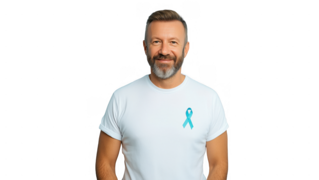 Man with teal ribbon for prostate cancer, created with AI, PNG