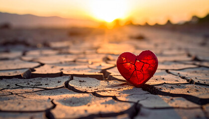 Fototapeta premium Broken Heart in the Sunset: A poignant image of a shattered, crimson heart resting on cracked earth, symbolizing heartbreak against a beautiful sunset.