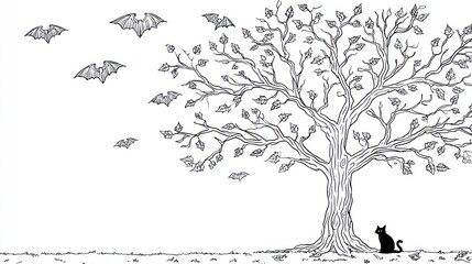 Fototapeta premium Spooky scene a tree, bats, and a cat