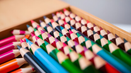 Set of colored pencils in a wooden case.
