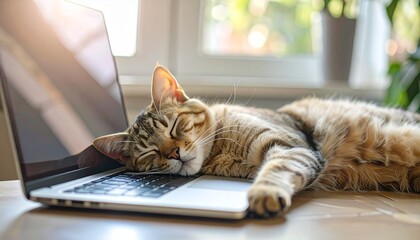 Close-up of a cute, beautiful, and adorable cat sleeping on a laptop