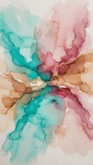 Abstract Alcohol Ink Painting with Teal, Pink, and Gold Splashes - Modern Art Background