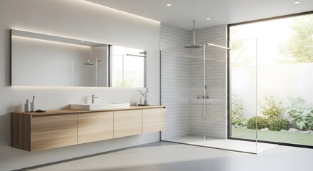 Bright, airy bathroom features a light wood floating vanity, large mirror, walk in shower with small patterned tiles, and glass door opening to a garden. Clean lines and