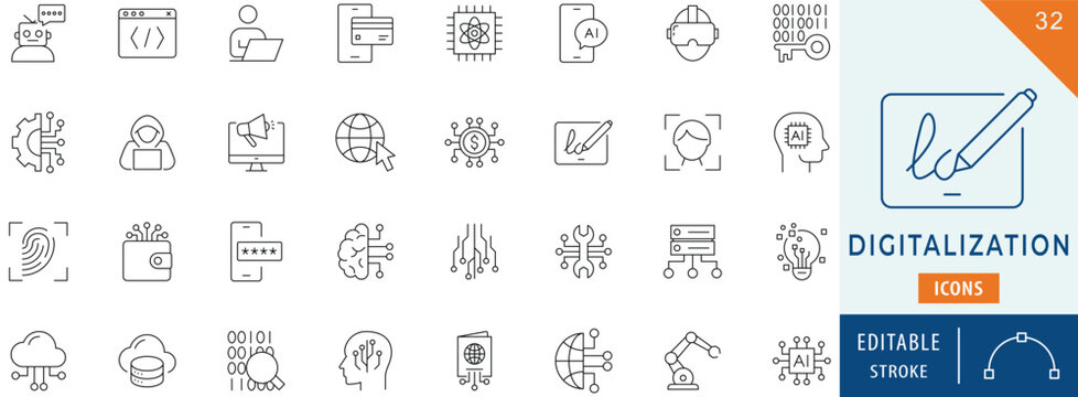Digitalization icon collection set. Editable stroke.
