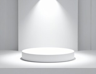 White circular podium stage with a spotlight for product presentation or award ceremony in a minimalist empty room. 3D rendered background