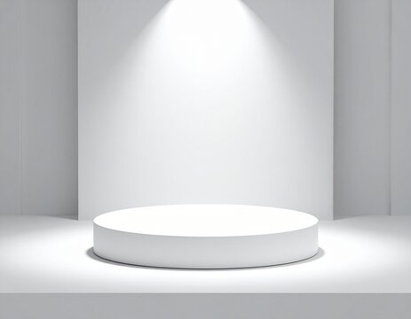 White circular podium stage with a spotlight for product presentation or award ceremony in a minimalist empty room. 3D rendered background